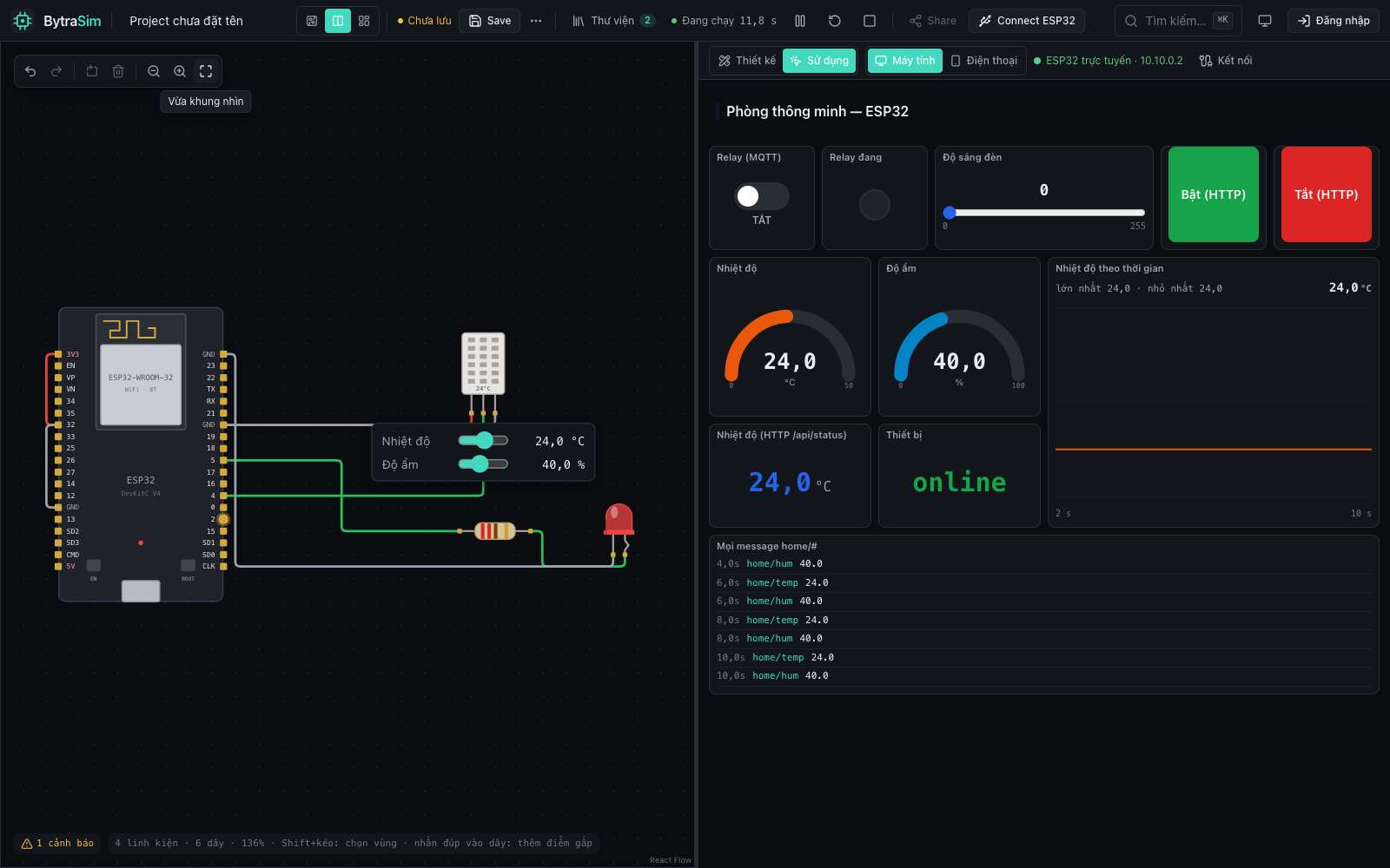Chế độ chia đôi: mạch ESP32 đang chạy bên trái, dashboard IoT hiển thị nhiệt độ, độ ẩm và công tắc relay bên phải